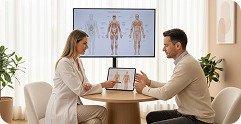 Médica avaliando protocolo com paciente